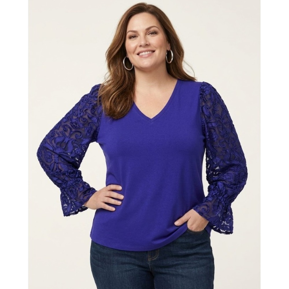 Chico's V-Neck Top Size XL/3 Blue Violet Lace Sleeve Cotton Blend Knit Feminine